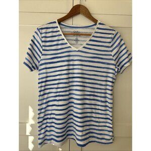 Womens Croft &Barrow V Neck White BLUE Striped Cotton Tee Top Sz M